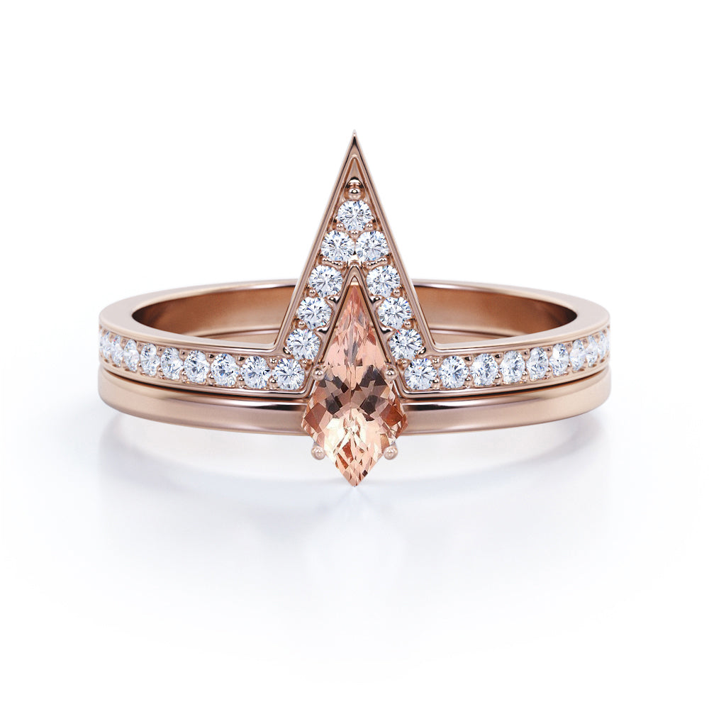 Modern Solitaire 1.25 carat Kite shaped Pink Morganite and diamond 4 prong wedding ring set in White gold