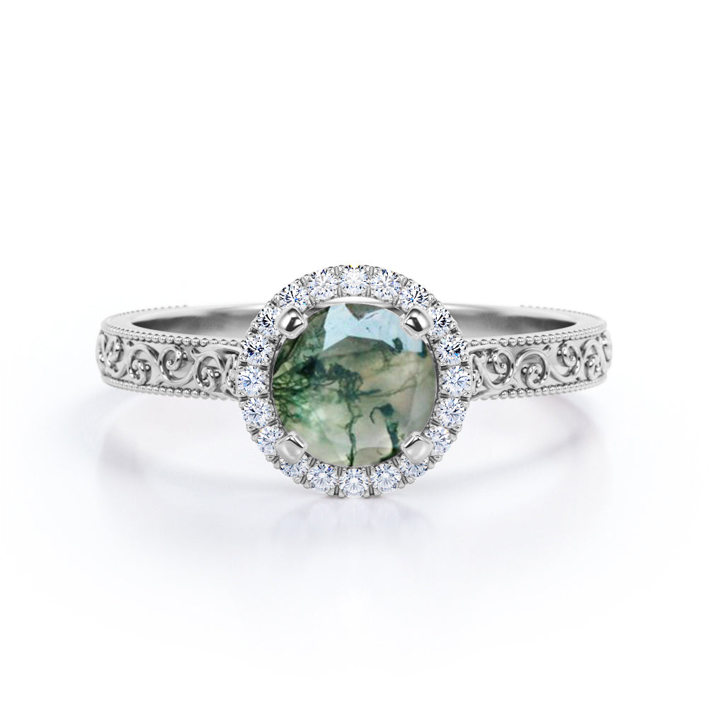 1.25 carat Round cut Moss Agate and diamond Edwardian filigree and halo engagement ring in Black gold