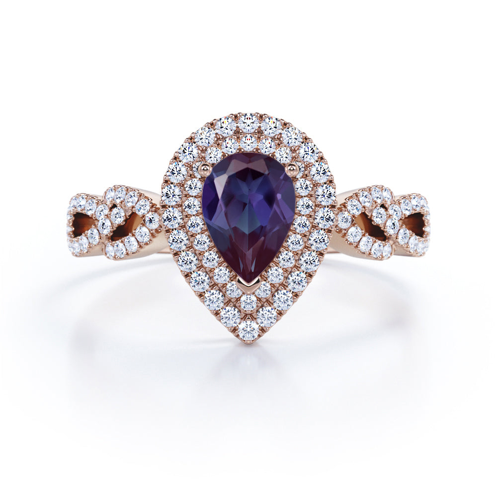 Floral leaf inspired 1.75 carat Pear cut Lab created Alexandrite and diamond double halo engagement ring in White gold