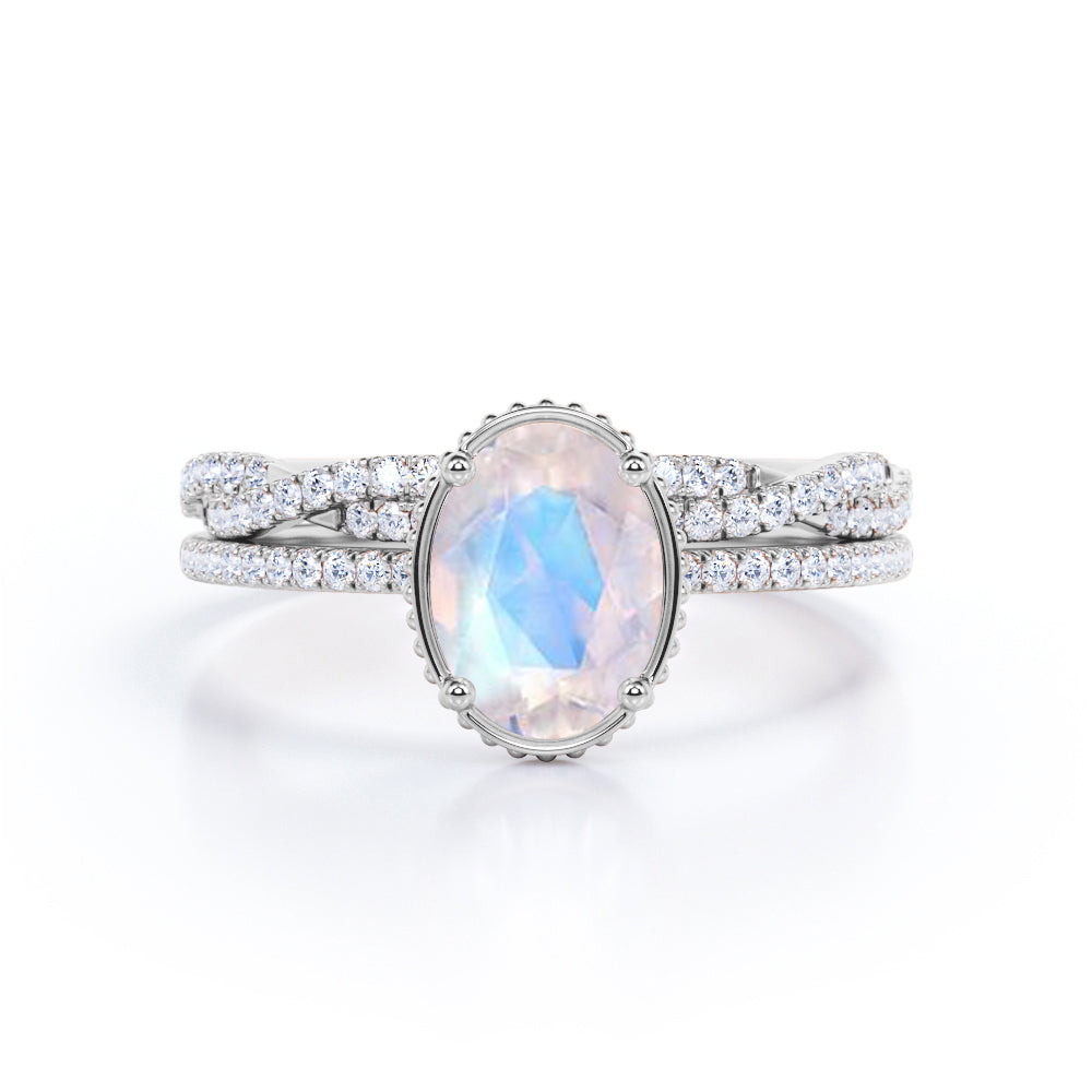 Milgrain Edge 1.5 carat Oval shape Moonstone and diamond Bridal wedding ring set in gold