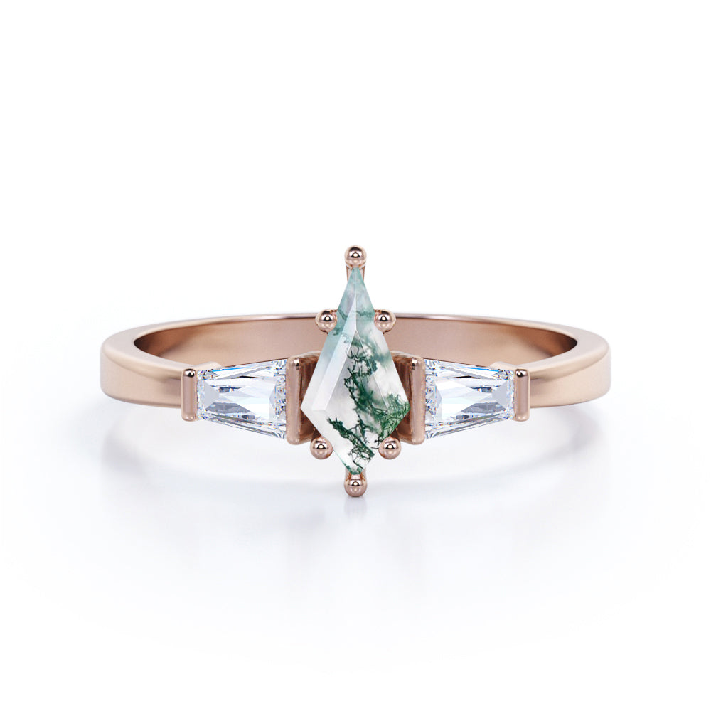 Contemporary three stone 1.2 carat Kite shape Moss Green Agate and diamond baguette style engagement ring in White gold