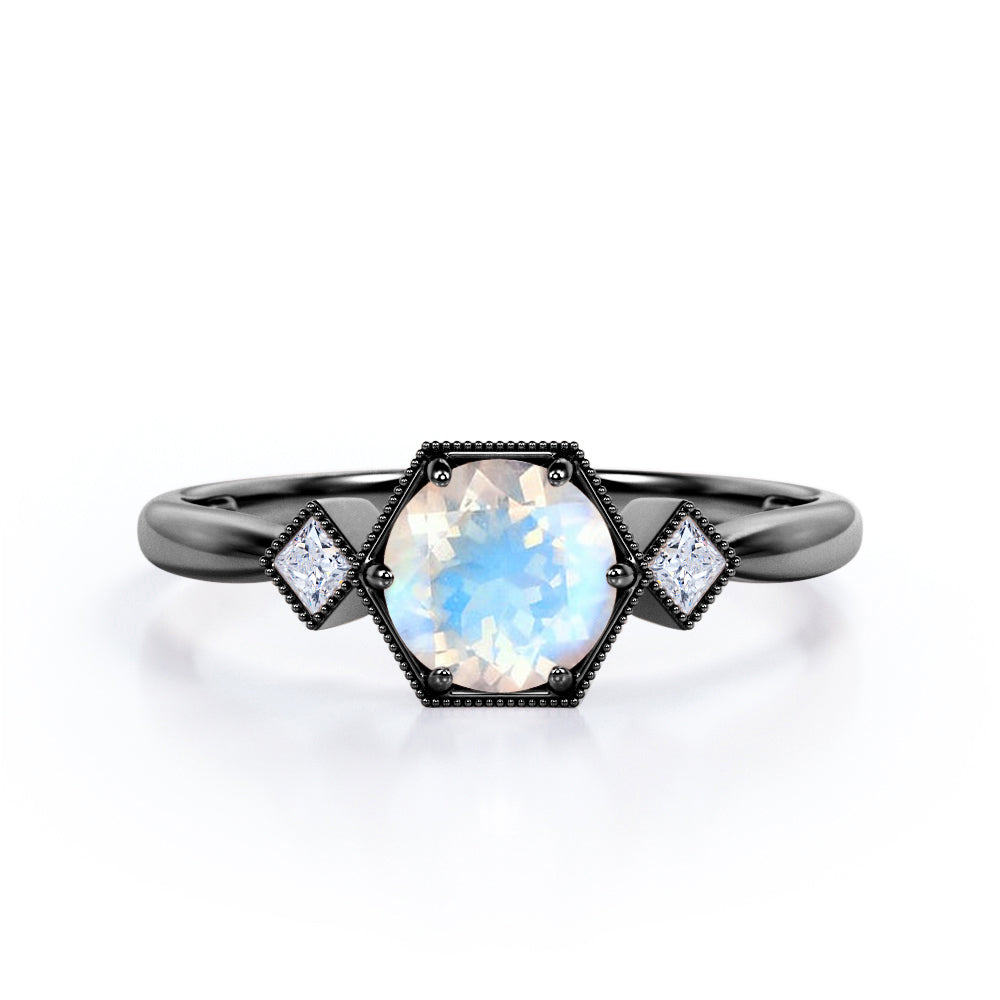 Triple Bezels 1.1 carat Round cut Moonstone and diamond Milgrain engagement ring in White gold