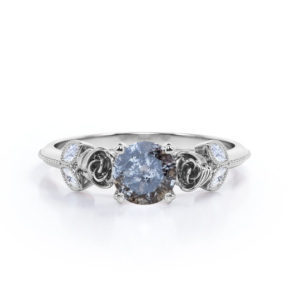 Vintage Flower 0.6 carat Round cut Salt and pepper diamond and White diamond marquise milgrain engagement ring in Black gold