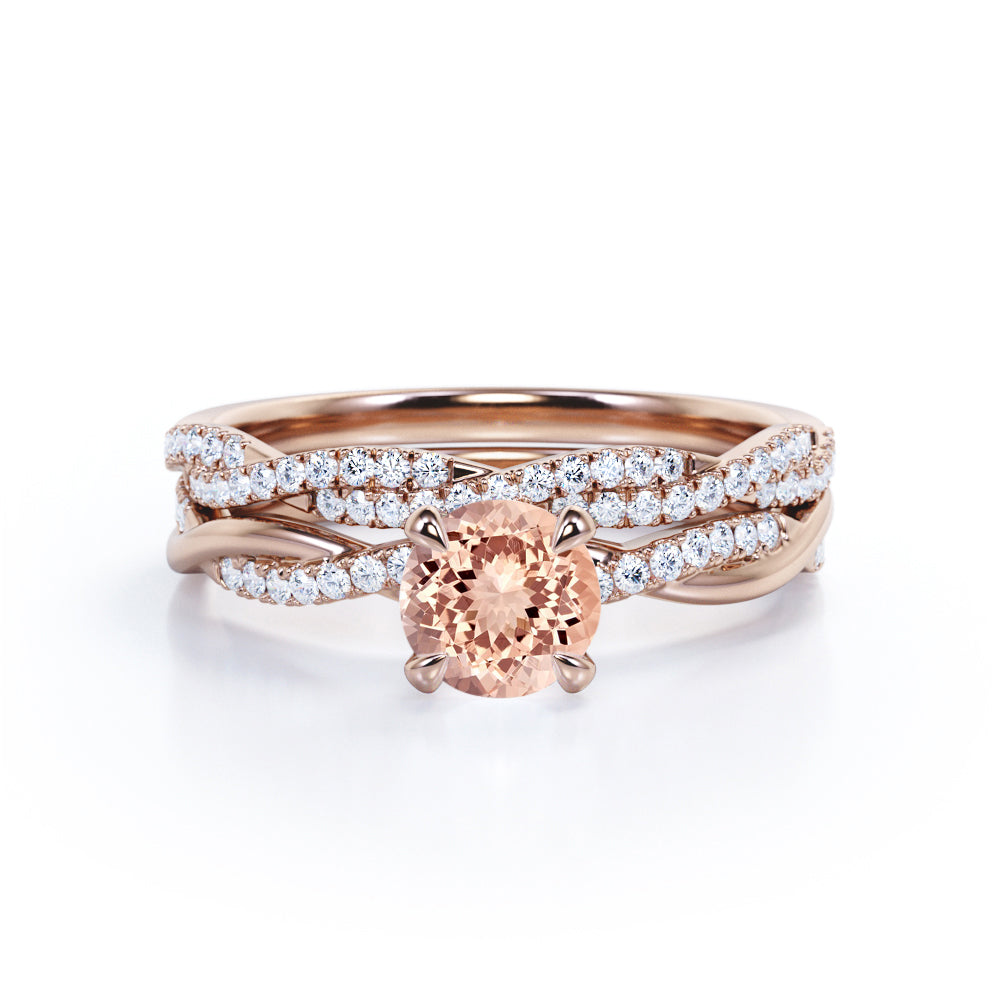 Classic claw prong 1.5 carat Round cut Peach Morganite and diamond Infinity wedding ring set in White gold.