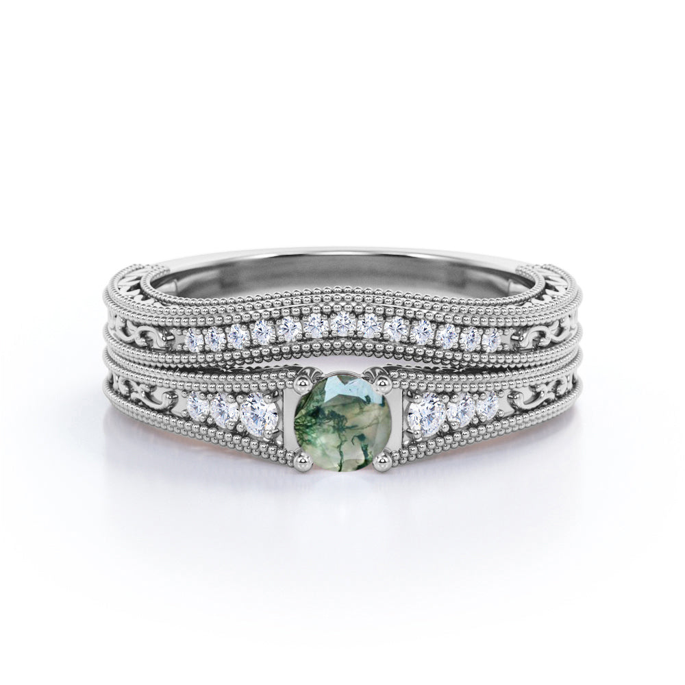0.75 carat Round cut Moss Green Agate and diamond contoured filigree and milgrain Bridal ring set in Rose gold