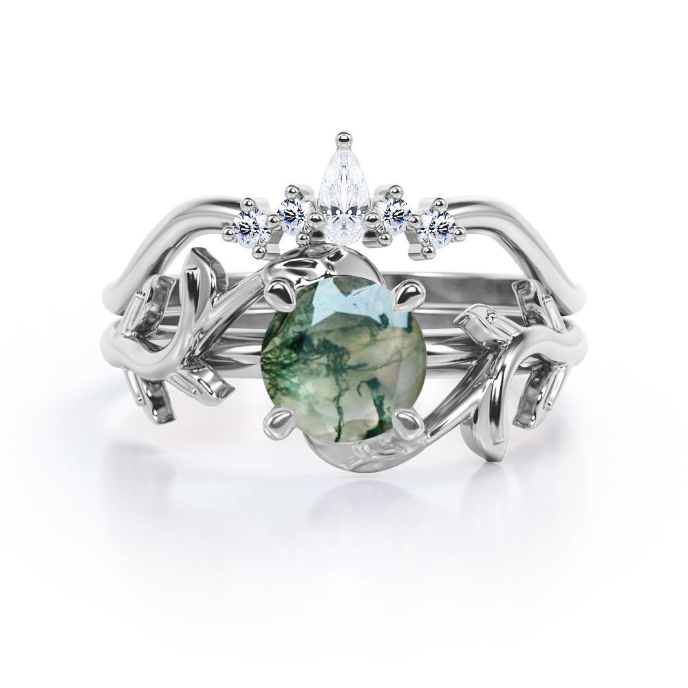 Earthy Tiara style 1.2 carat Round cut Moss Green Agate and diamond nature inspired wedding ring set in Rose gold