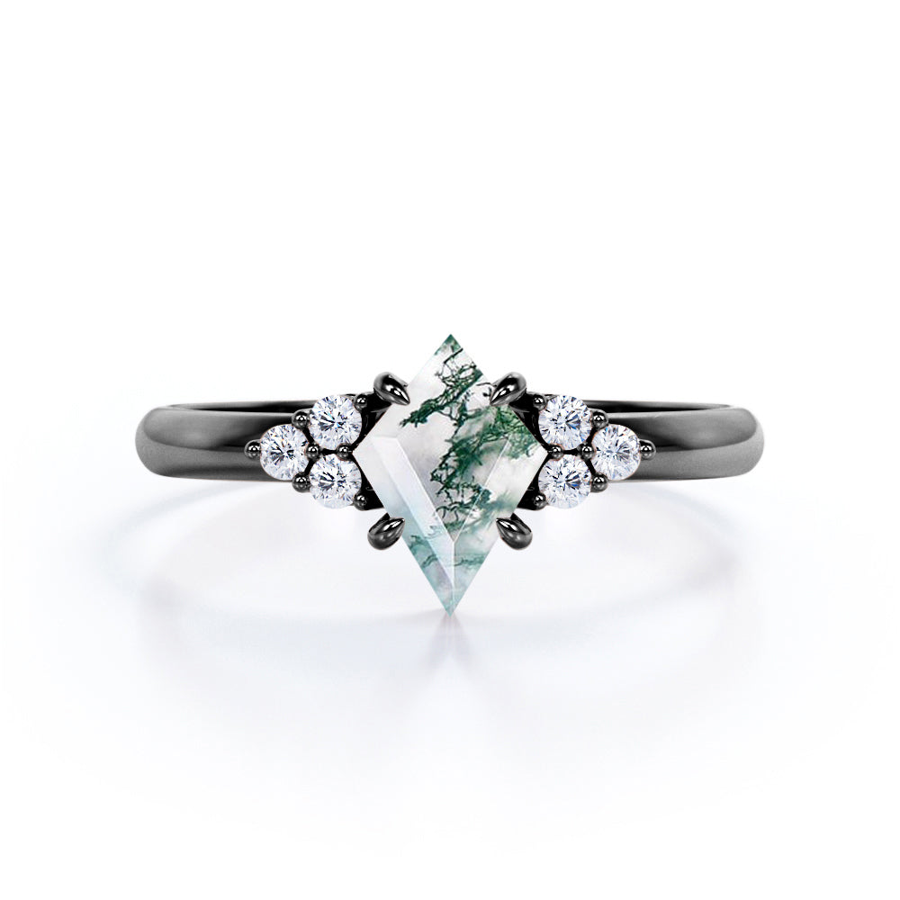 Exquisite Bezel 1.1 carat Kite shaped Moss Green Agate and diamond-claw prong setting-seven stone engagement ring in Rose gold