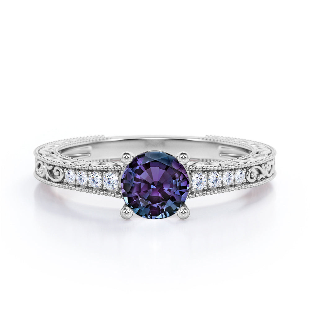 Floral filigree 1.1 carat Round cut Lab created Alexandrite and diamond channel set engagement ring in Rose gold