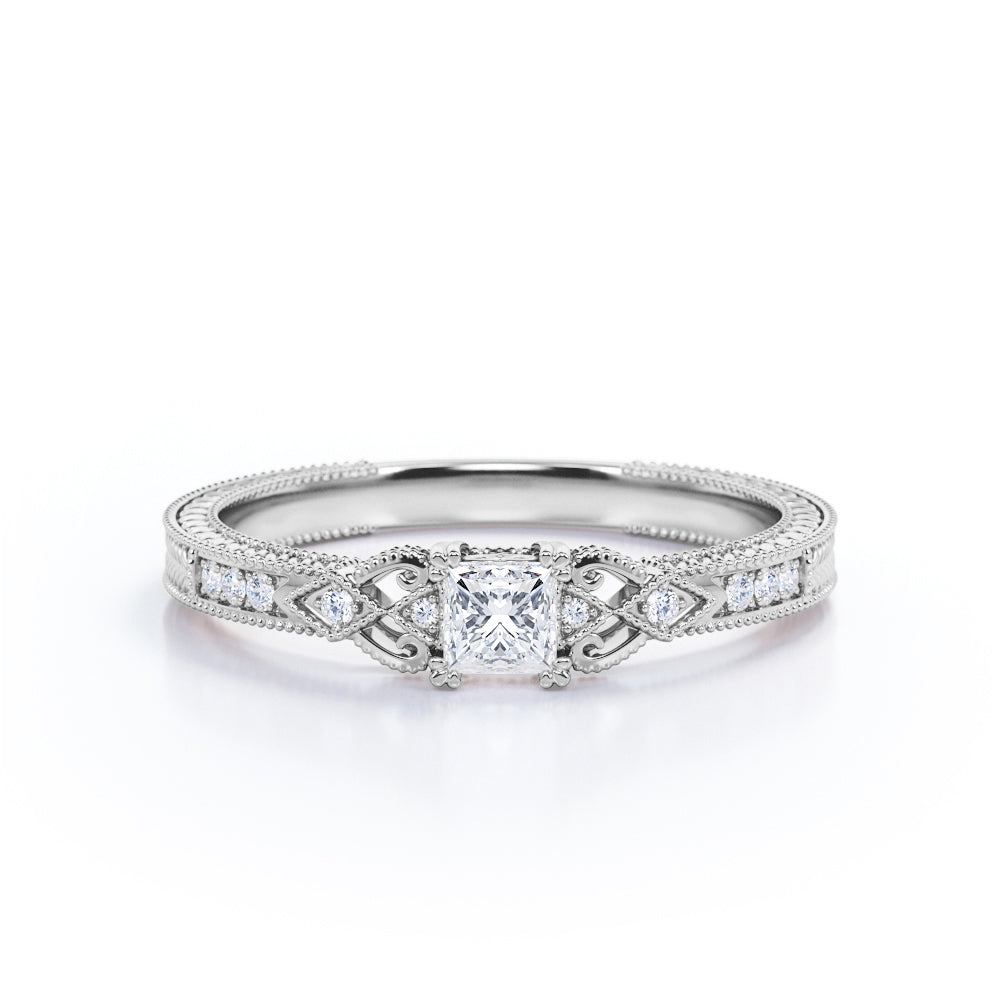 Intricate 1.1 carat Princess cut Moissanite and diamond Edwardian art deco engagement ring in Rose gold