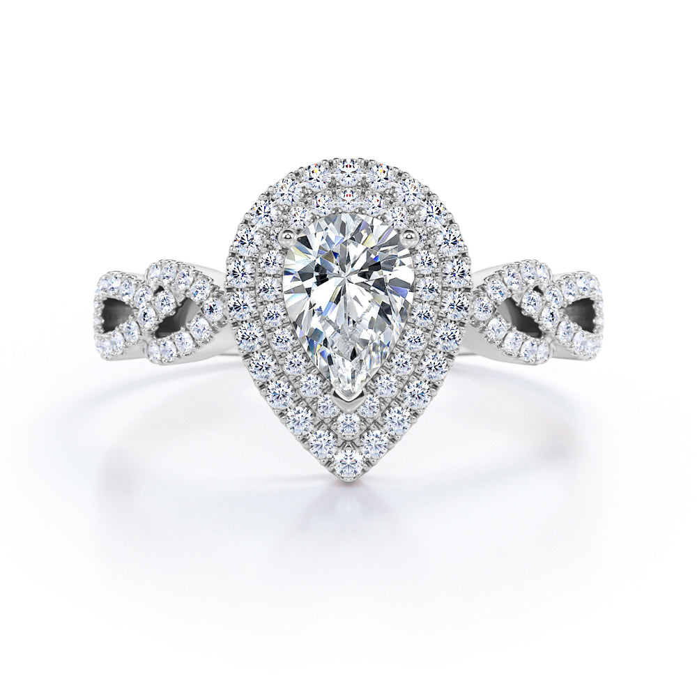Artistic infinity 1.75 carat Pear cut Moissanite and diamond vintage halo engagement ring in Black gold