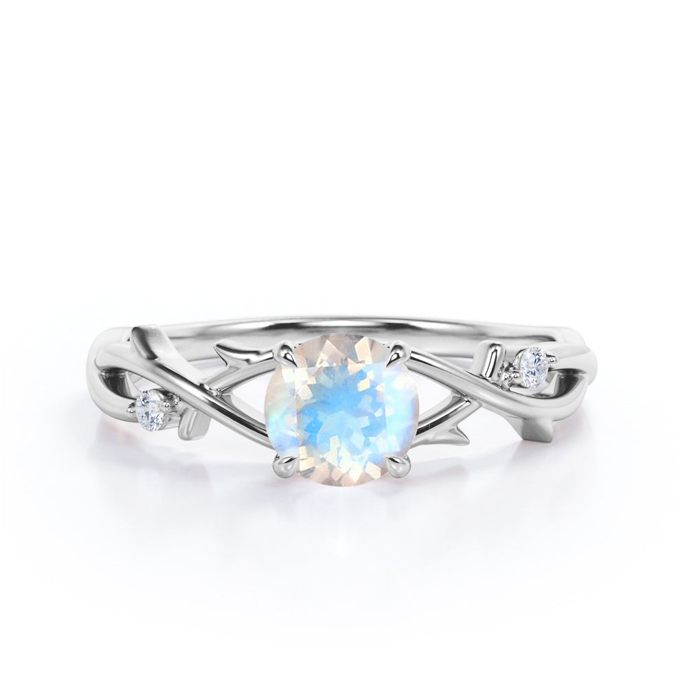 Dainty Branchlet 1.1 carat Round cut Blue Moonstone and diamond nature inspired engagement ring in Black gold