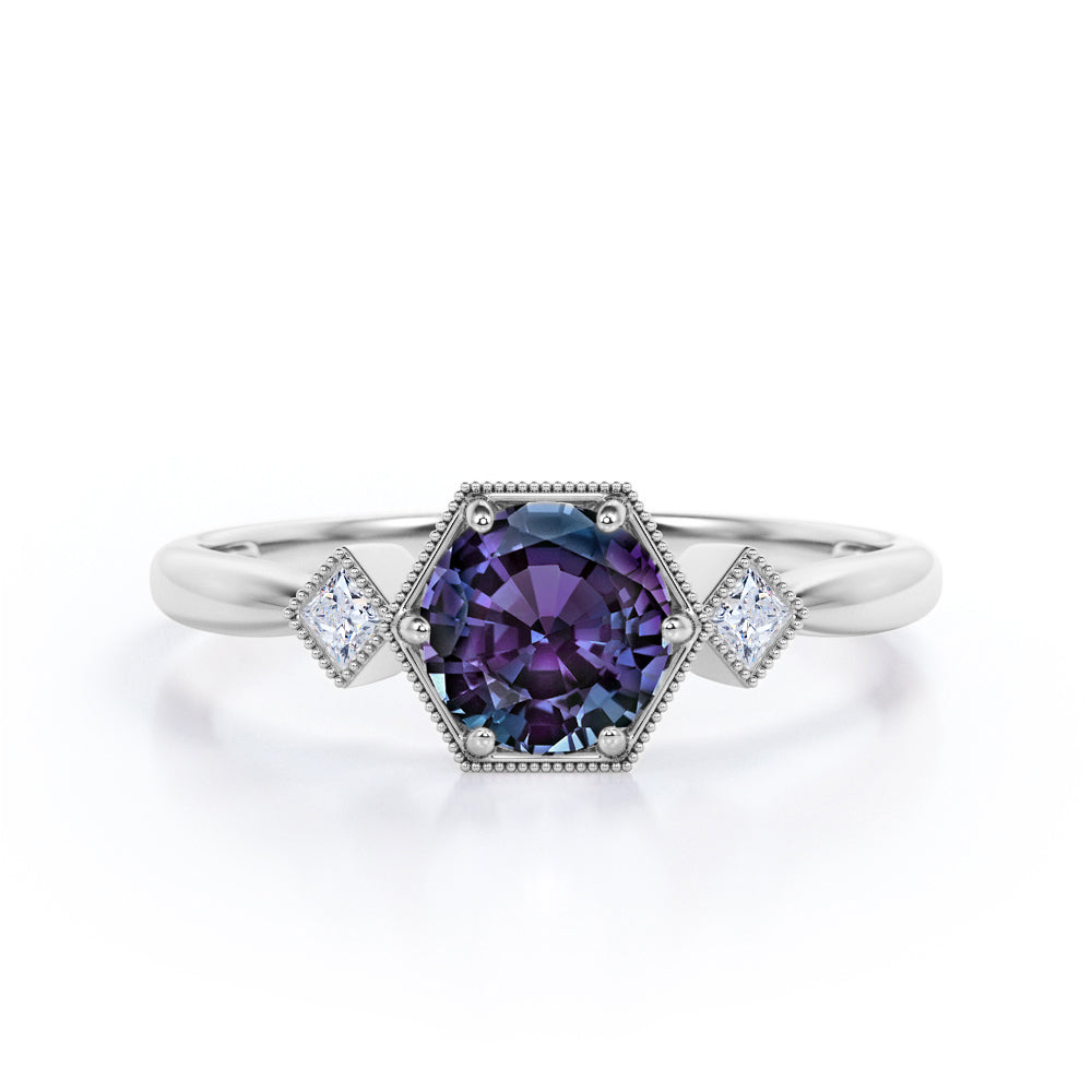 Past, Present and Future 0.6 carat Round cut Alexandrite milgrain setting-tapered shank engagement ring in Rose gold