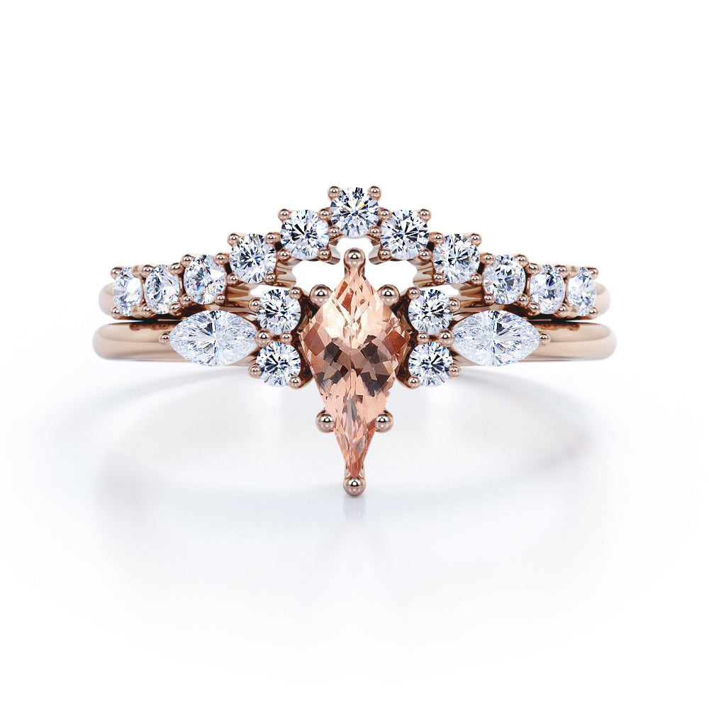 Garland Chevron 1.45 carat Kite shaped Peach Morganite and diamond 6 prong Bridal wedding ring set for women in Yellow gold