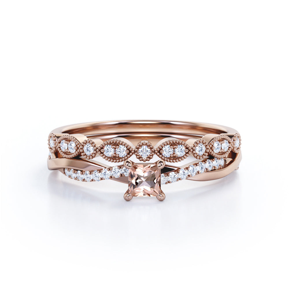 Intertwined vintage 1 carat Princess cut Morganite and diamond Milgrain and infinity wedding ring set in White gold