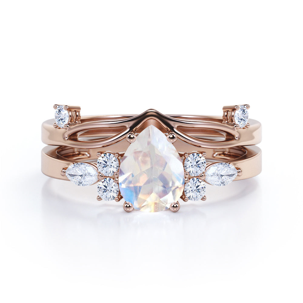 Unique Split Shank 1.25 carat Pear Shaped Moonstone and diamond chevron wedding ring set for women in White gold
