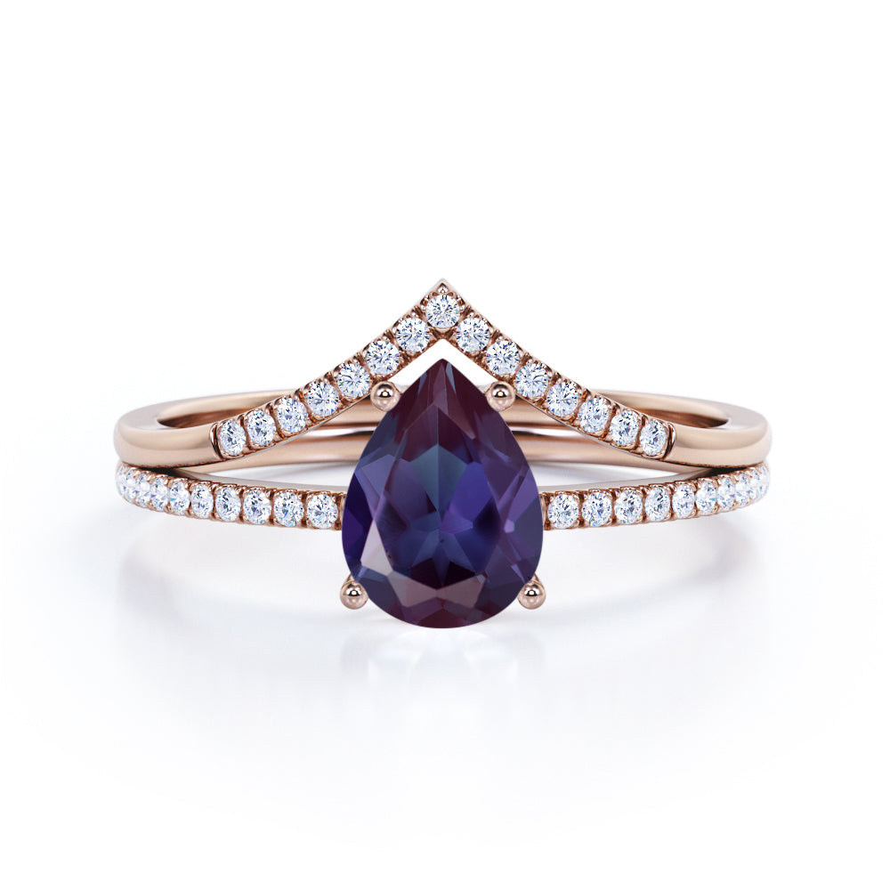 Simple Chevron 1.35 carat Pear shaped Lab created Alexandrite and diamond pave set wedding ring set in Black gold