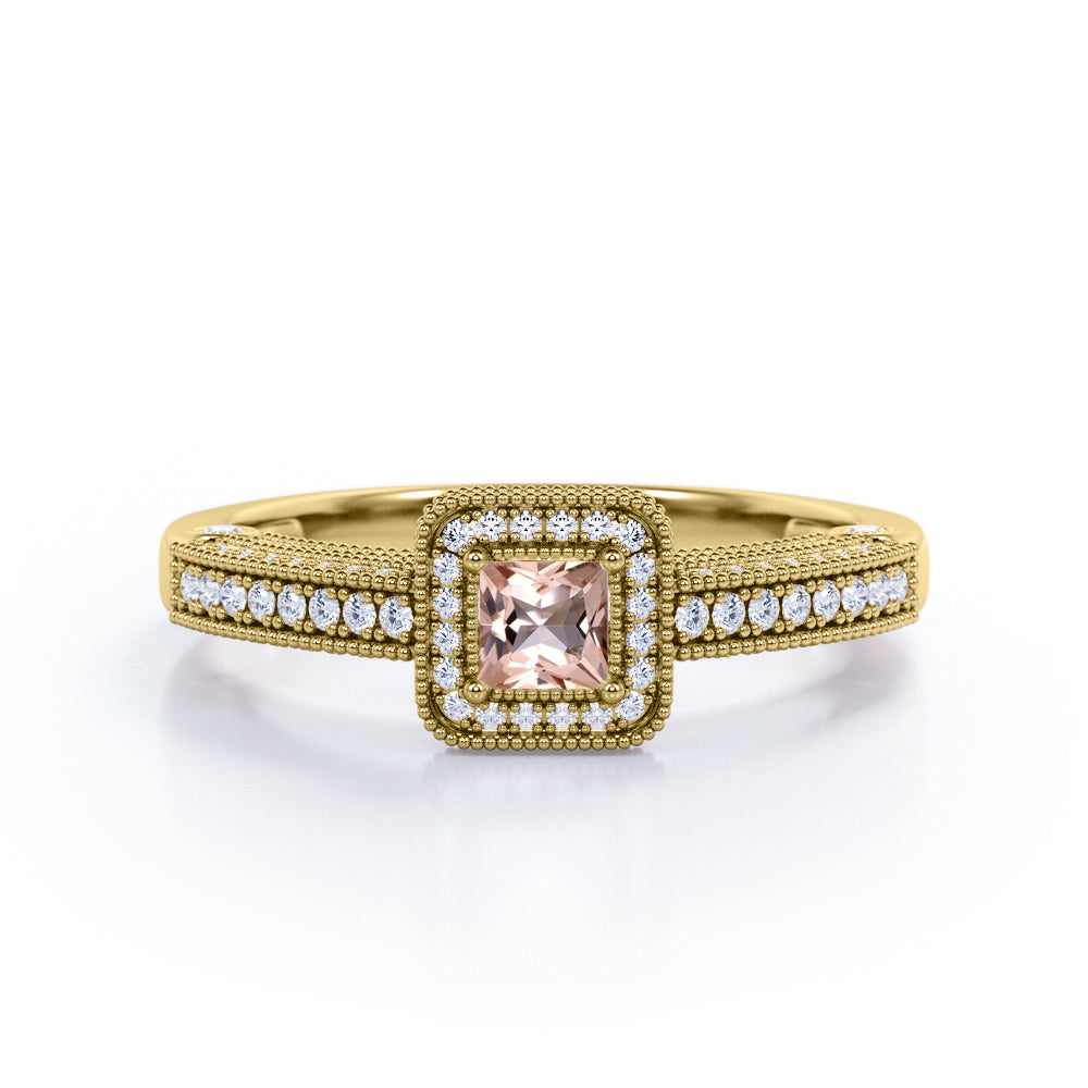 Vintage Beaded 1 carat Princess cut Morganite and diamond engagement ring for women in White gold