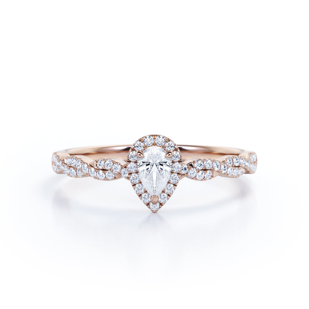 Infinity twist 0.5 carat Pear shape diamond vintage halo engagement ring in white gold-Promise ring