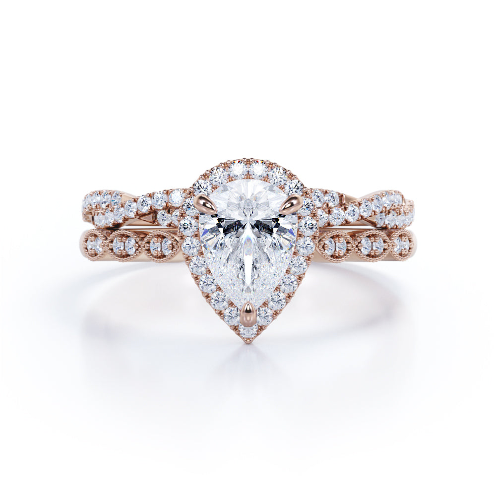 Milgrain Edge 1.60 carat pear shaped moissanite and diamond vintage infinity ring set in White gold- wedding ring set