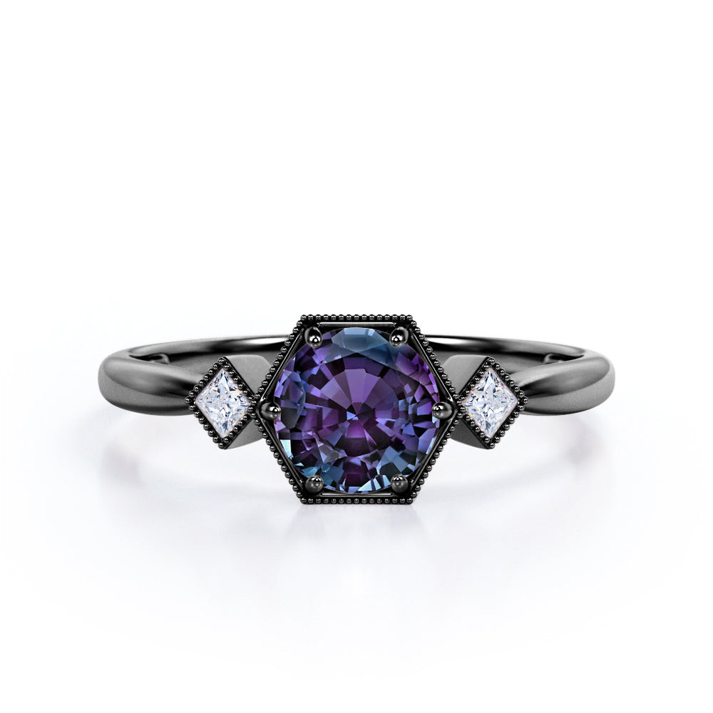 Past, Present and Future 0.6 carat Round cut Alexandrite milgrain setting-tapered shank engagement ring in Rose gold