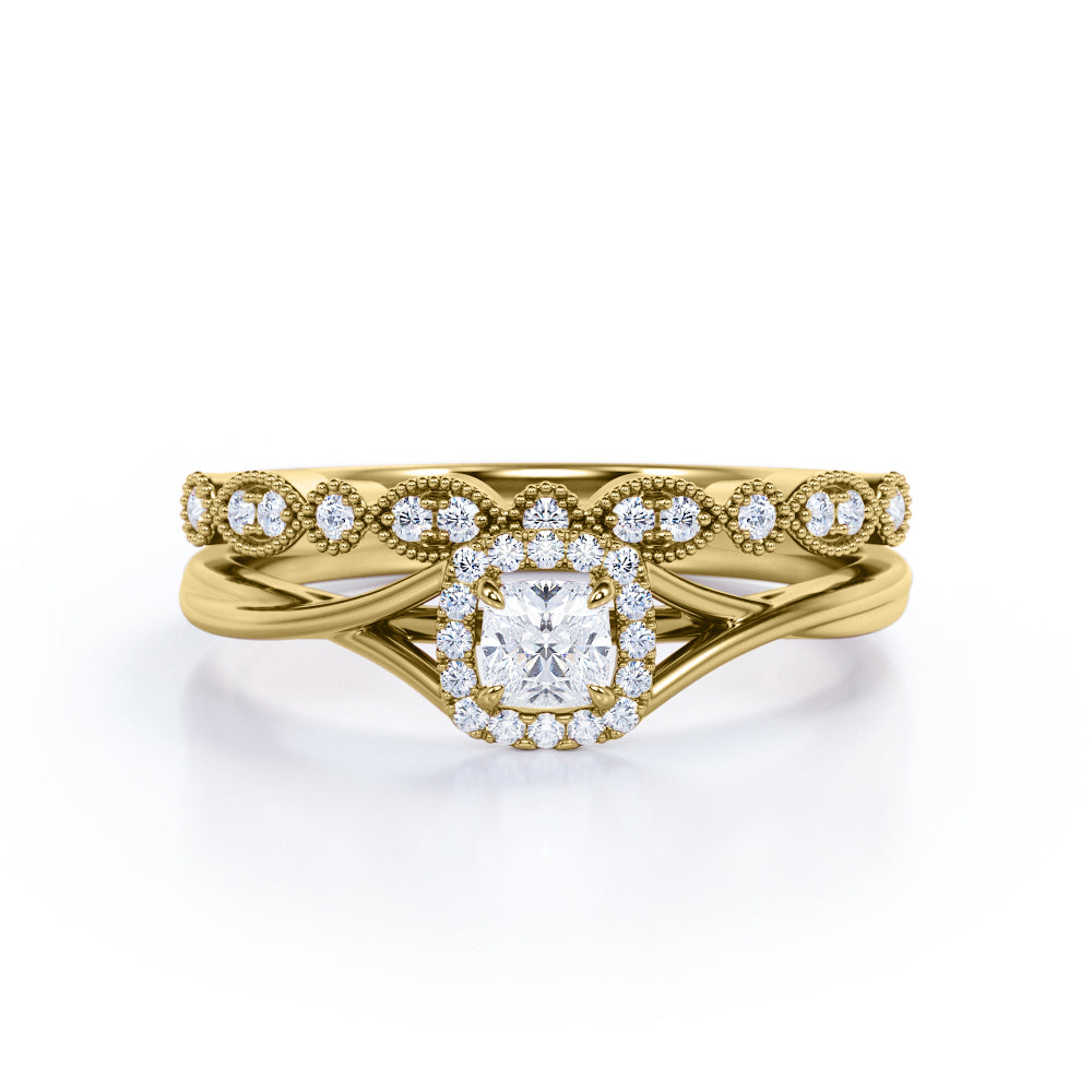 Twisted split shank 0.8 carat Cushion cut Moissanite and diamond milgrain bridal set in White gold