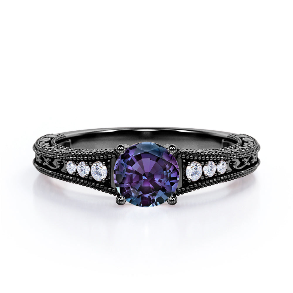 Antique art nouveau 1.1 carat Round cut Synthetic Alexandrite and diamond engagement ring in Rose gold