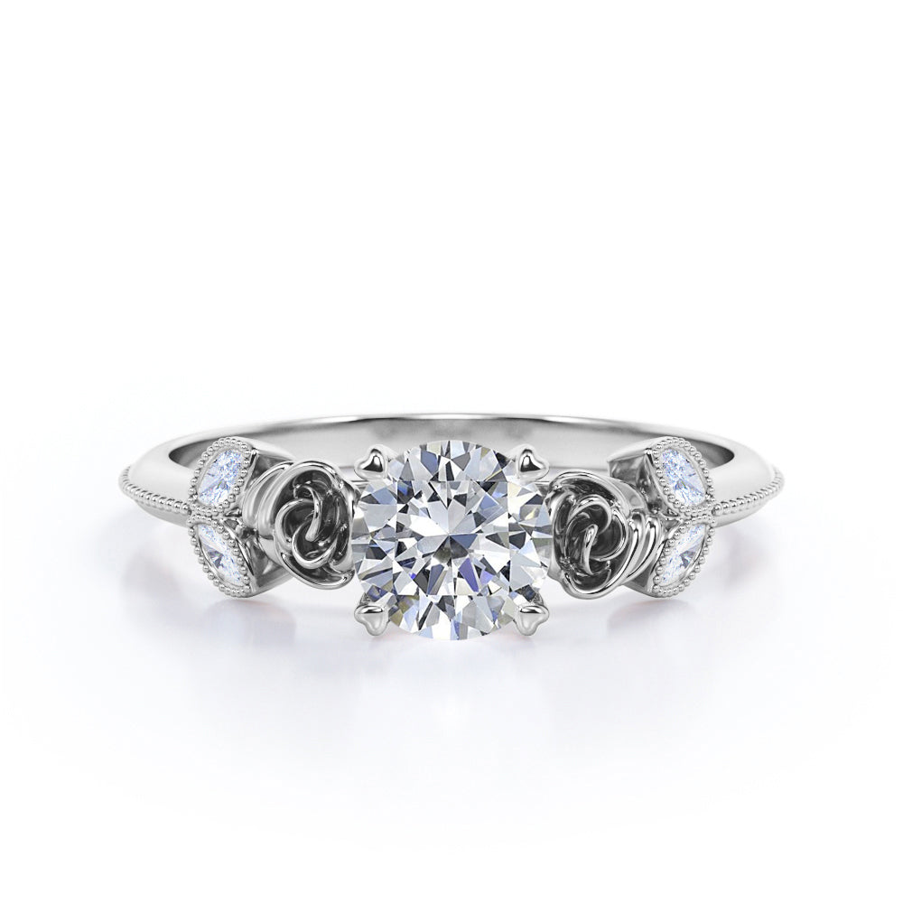 Double roses 1.15 carat Round cut Moissanite and marquise diamonds 4 prong engagement ring in Rose gold