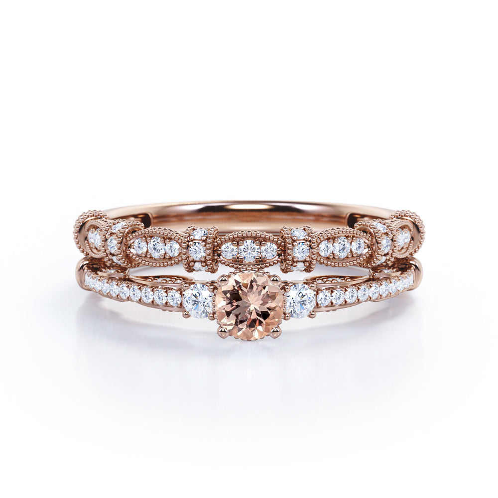 Artistic 1 carat Round cut Pink Morganite and diamond engraved art deco inspired wedding ring set in White gold
