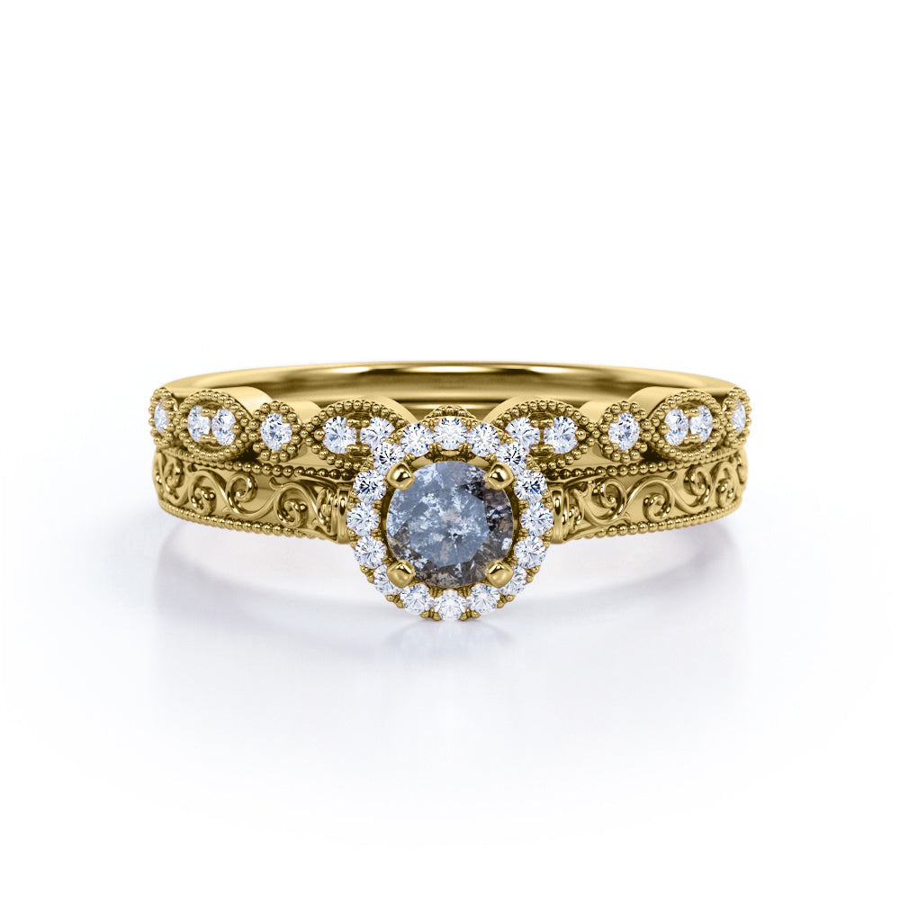 Authentic Filigree 0.75 carat Round cut Salt and pepper diamond and White diamond halo style wedding ring set in Rose gold