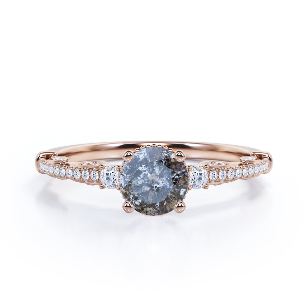 0.8 carat Round cut Salt and pepper diamond and White diamond-art deco-pave set engagement ring in White gold