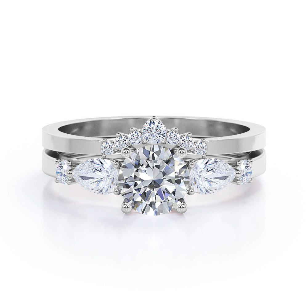 Vintage Tiara inspired 1.2 carat Round cut Moissanite and diamond wedding ring set in white gold