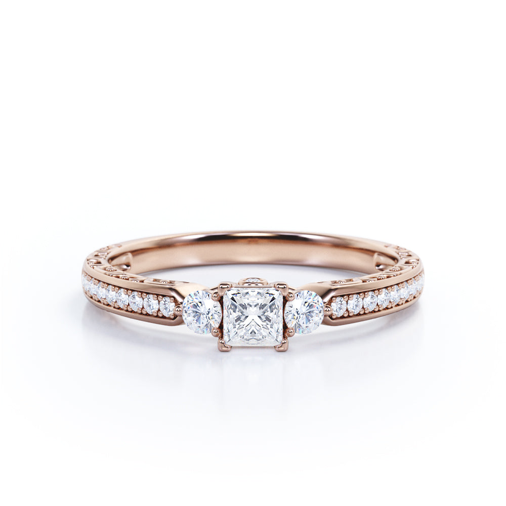 Bridge accent setting 0.75 carat Princess cut Moissanite and diamonds three stone engagement ring in White gold