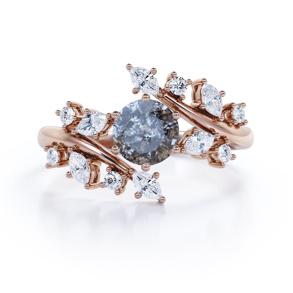 Nature inspired 0.75 carat Round cut Salt and pepper diamond and White diamond tension set engagement ring in white gold
