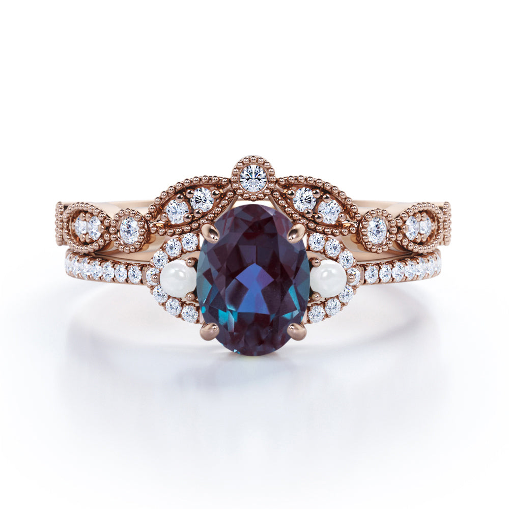 Vintage Milgrain 1.75 carat Oval cut Lab created Alexandrite, diamond and freshwater pearl wedding ring set in Rose gold