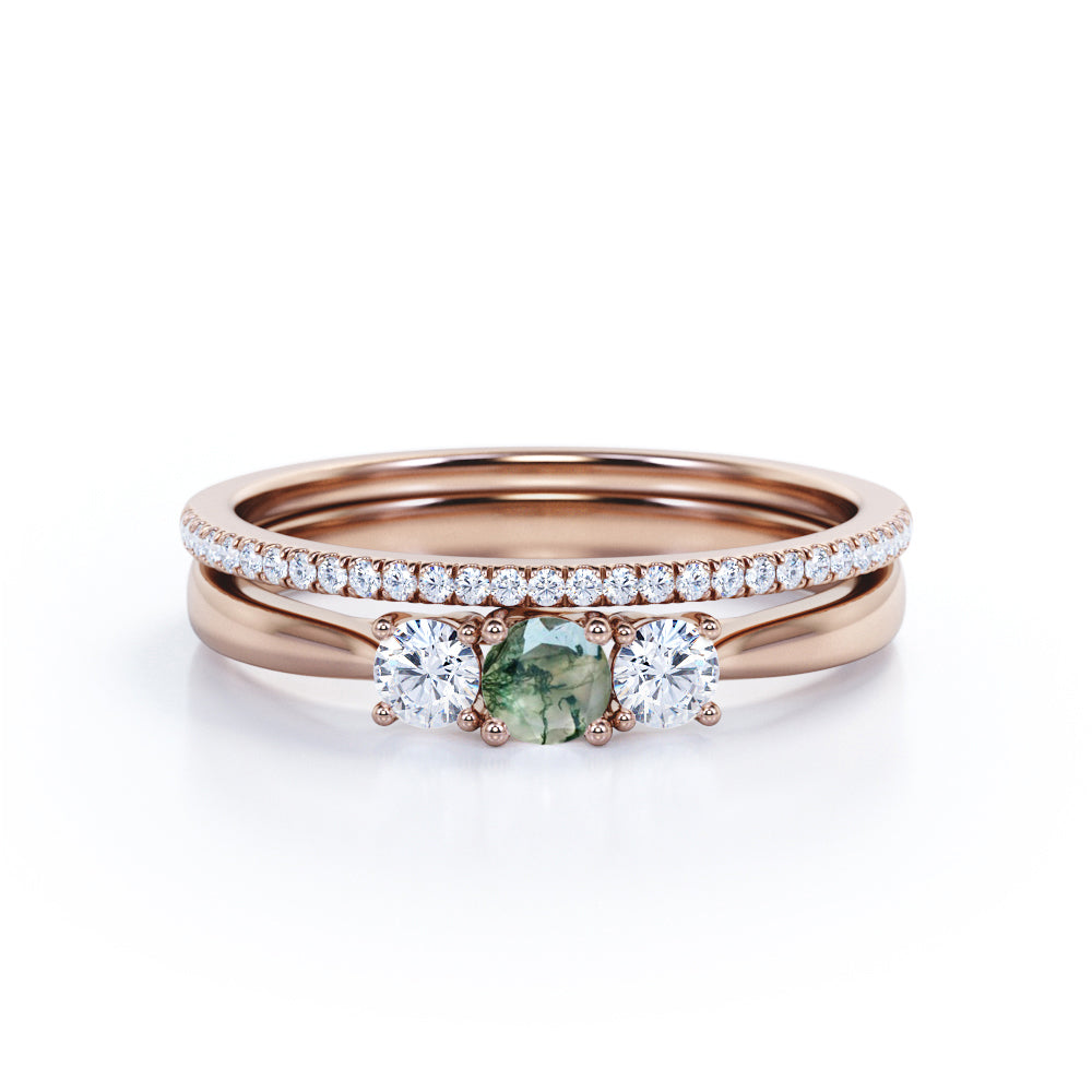 Classic trio style 0.75 carat Round cut Moss green Agate and diamond eternity wedding ring set for women in White gold