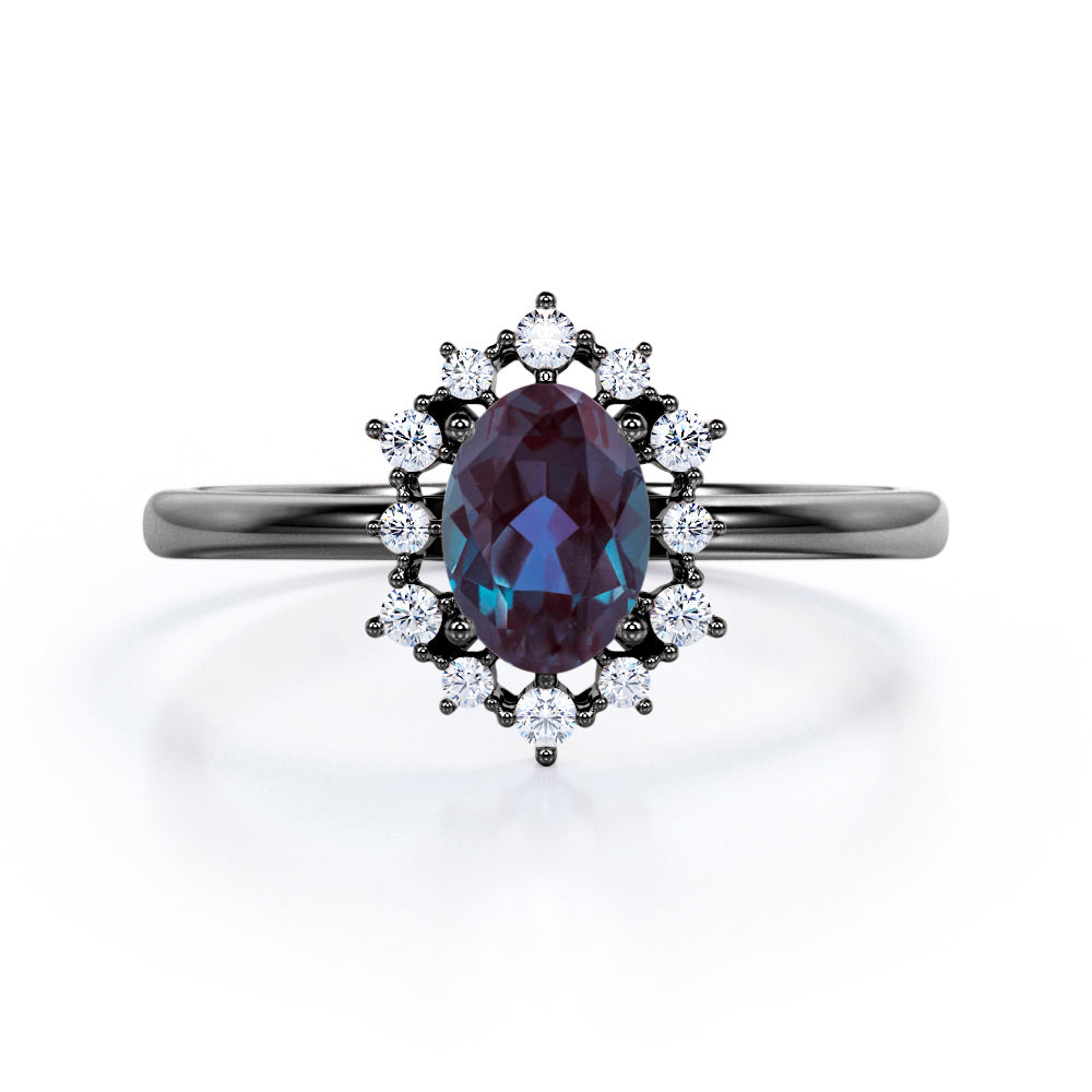 Snowflake Cluster 1.25 carat Oval shaped Alexandrite and diamond floral halo engagement ring in Black gold