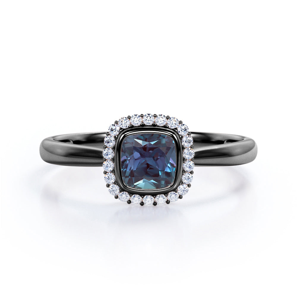 Vintage Floral 1.25 carat Cushion cut Lab made Alexandrite and diamond halo style engagement ring in White gold
