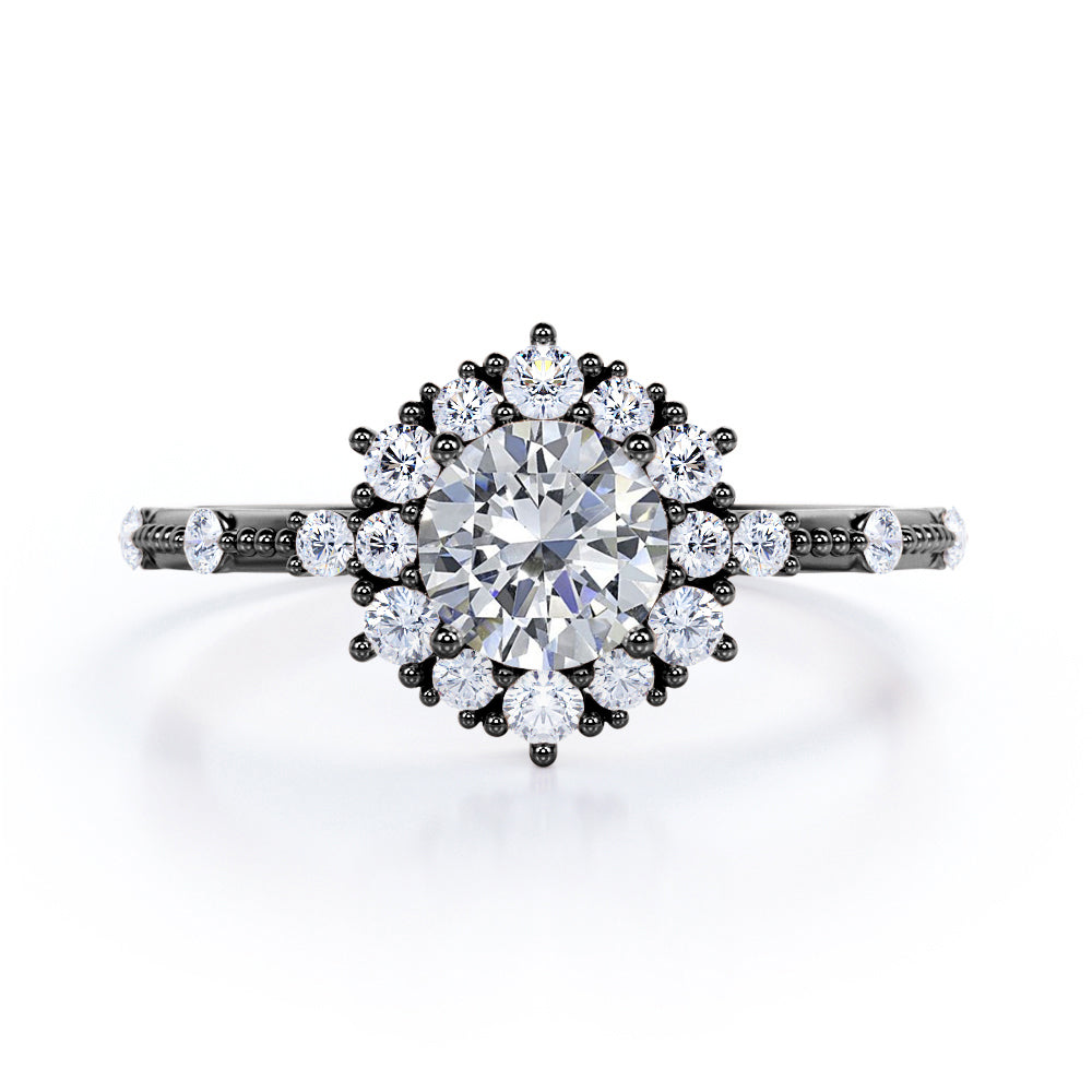 1.2 carat Round cut Moissanite and diamond Milgrain and halo engagement ring for women in rose gold