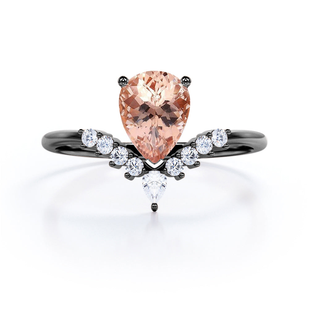 Antique Crown inspired 1.25 carat Pear Shaped Morganite and diamond engagement ring in Rose gold