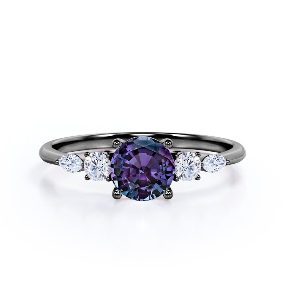Button Prong style 0.65 carat Round cut Synthetic Alexandrite and diamond five stone engagement ring in White gold