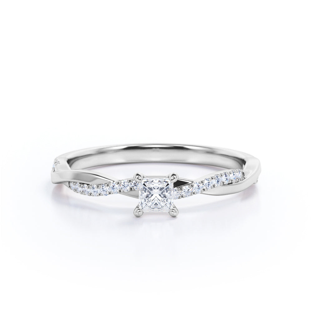 Delicate 0.7 carat Princess cut Moissanite and diamond twisted infinity engagement ring in Rose gold