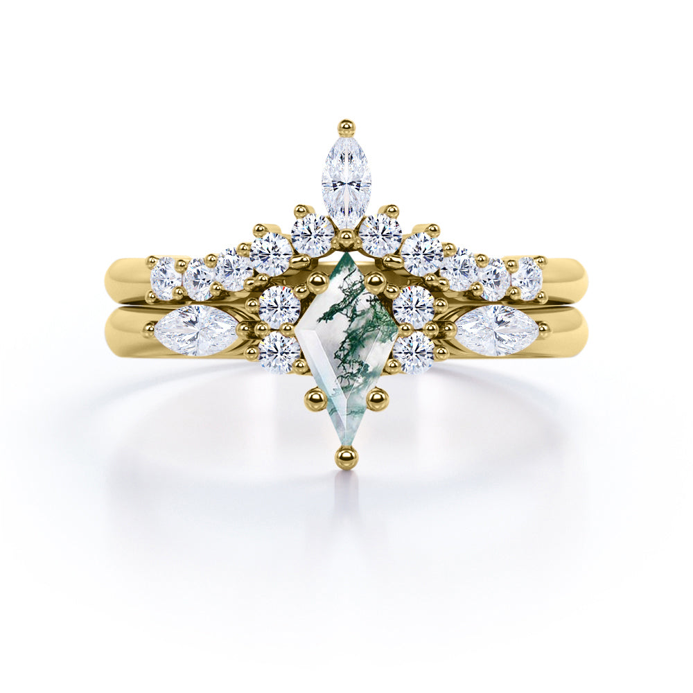 1.3 carat Kite Shaped Moss Green Agate and diamond chevron wedding ring set in White gold