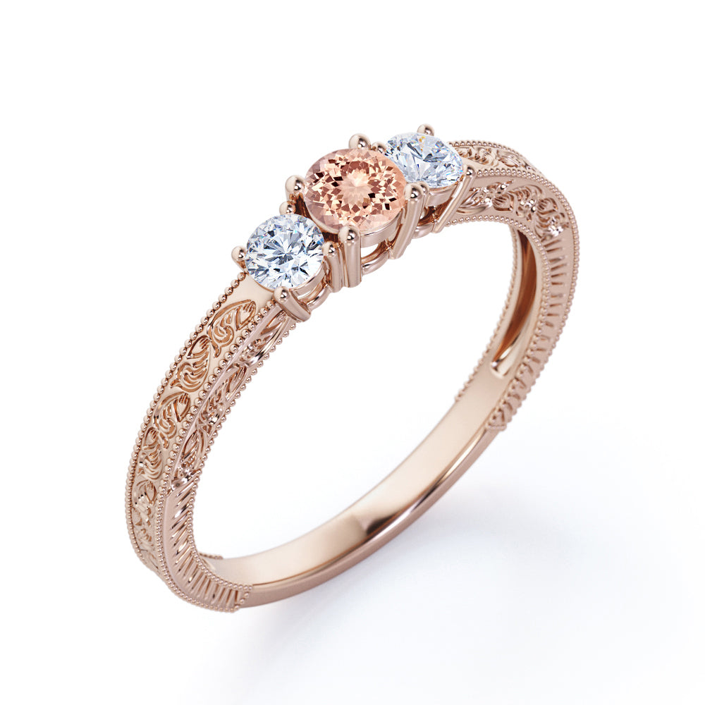 Vintage Milgrain 1.1 carat Round cut Peach Morganite and diamond victorian filigree - three stone engagement ring in White gold