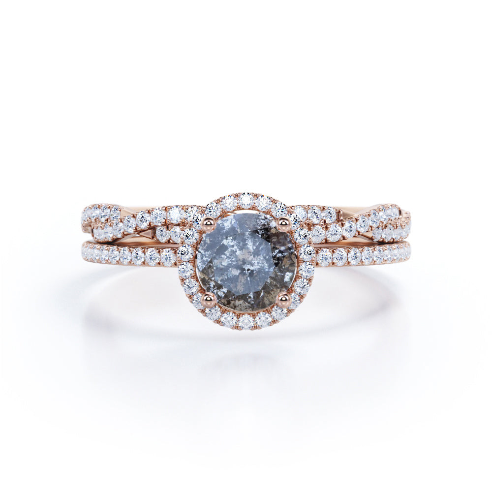 Vintage Halo 1.1 carat Round cut salt and pepper diamond Engagement ring with diamond infinity wedding band - Bridal set in White gold