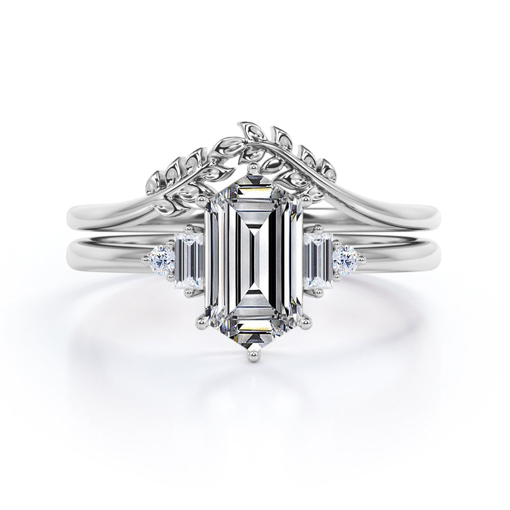 Vintage leaf design 1.1 carat Hexagon shaped Moissanite and diamond wedding ring set for women in Black gold