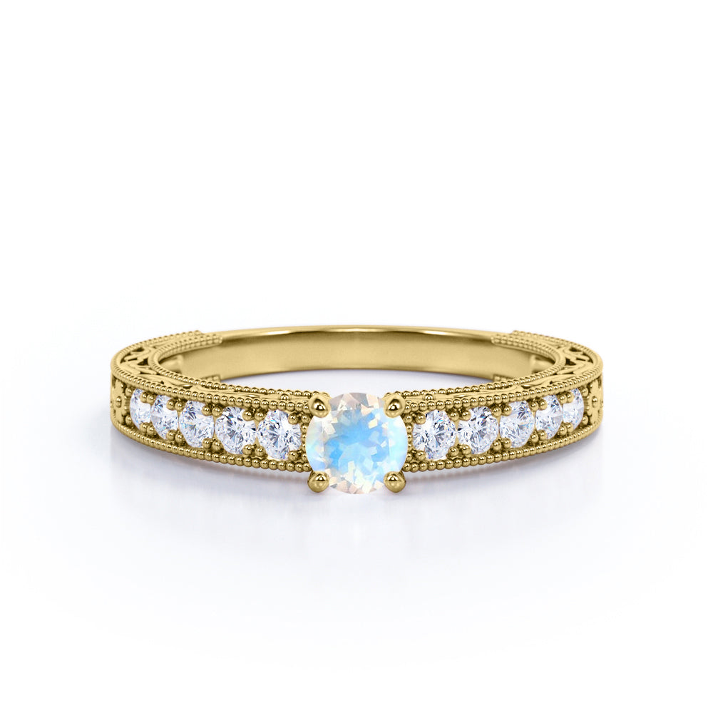 Art deco Cathedral 1.25 carat Round cut Blue Moonstone and diamond Milgrain and Filigree engagement ring in White gold