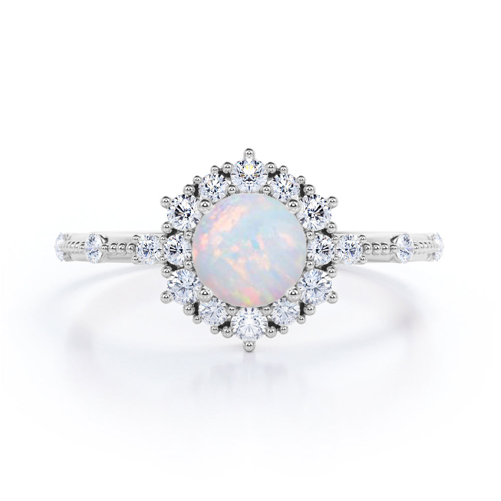 Floral art inspired 1.20 carat Round cut Ethiopian Opal and diamond-engraved-cluster halo engagement ring White gold