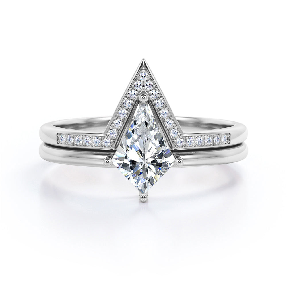 Pointed Crown 1.25 carat Kite shaped Moissanite and diamond Bridal set for women in Black gold
