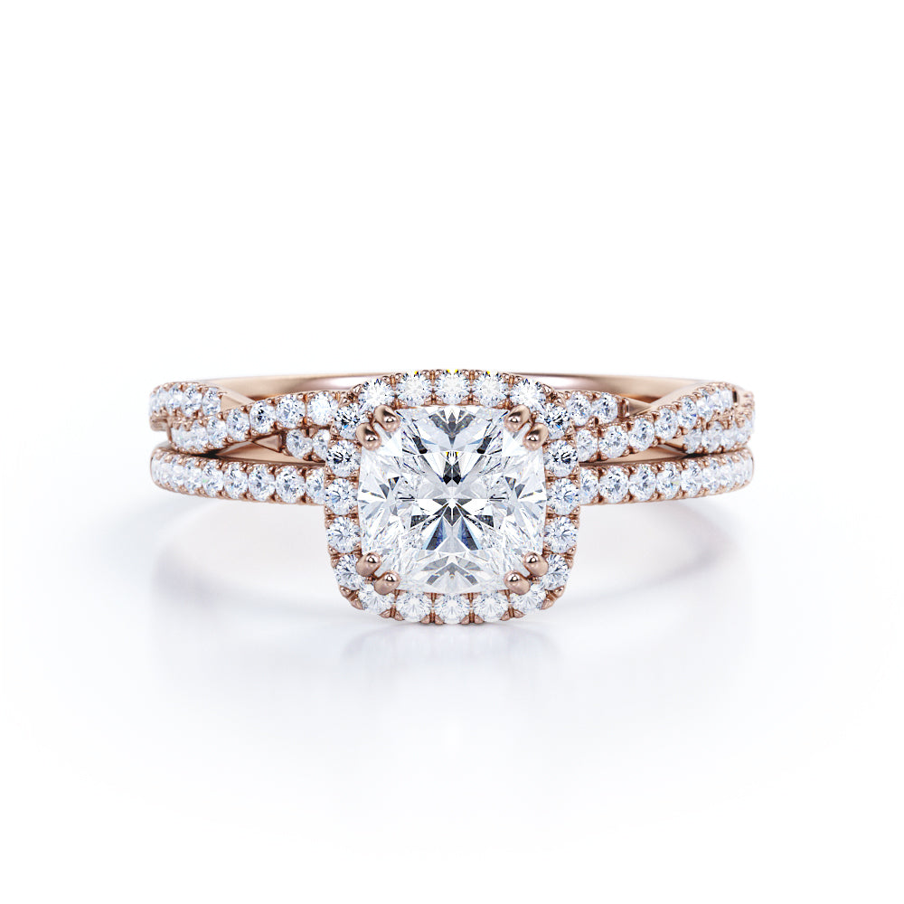 Elegant 1.65 carat Cushion cut Moissanite and diamond art deco wedding ring set for women in gold