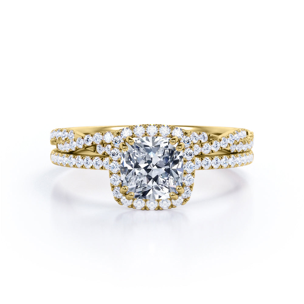 Elegant 1.65 carat Cushion cut Moissanite and diamond art deco wedding ring set for women in gold